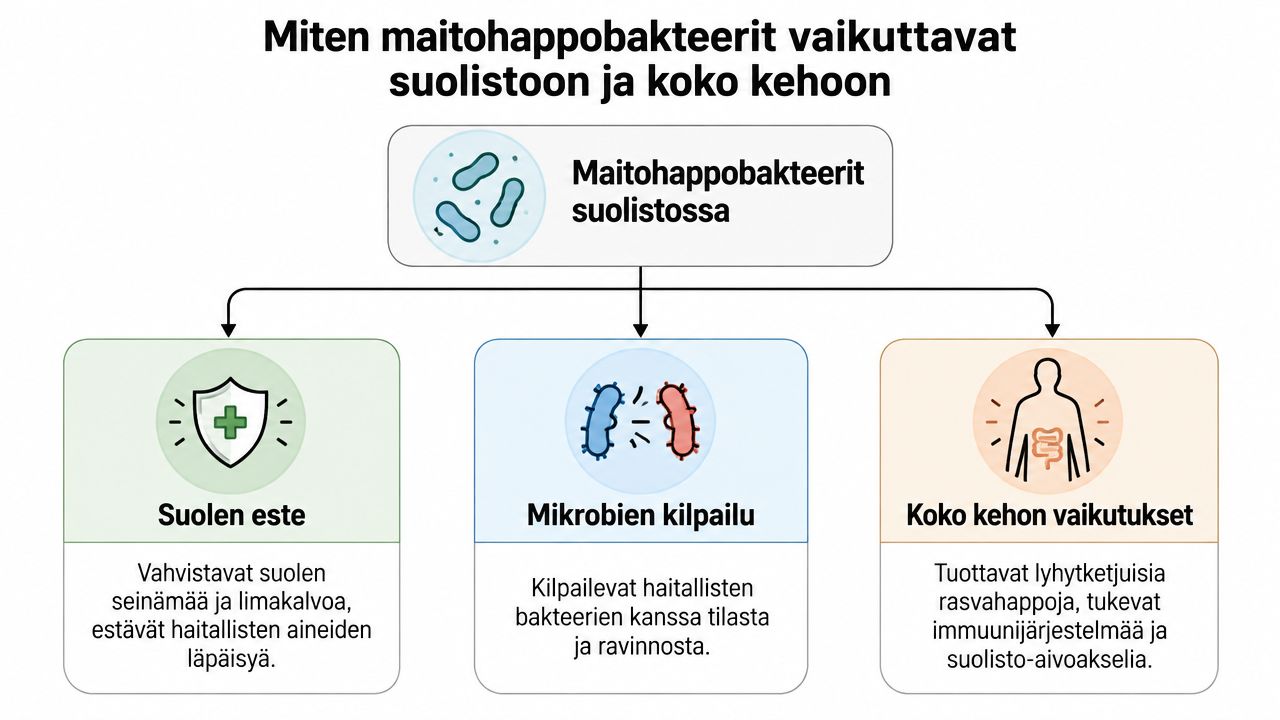 Kaavio havainnollistaa maitohappobakteerien vaikutuksia suoliston esteeseen, mikrobien väliseen kilpailuun sekä koko kehon terveyteen ja immuunijärjestelmään.