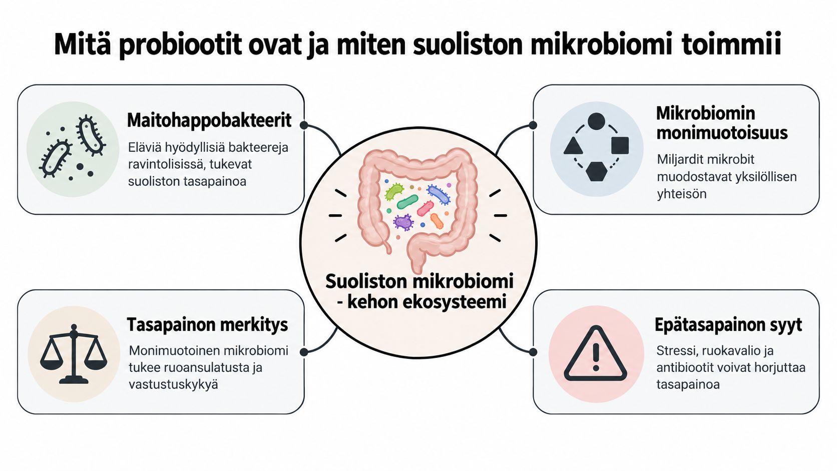 Infografiikka havainnollistaa probiootteja ja suoliston mikrobiomin merkitystä, sen tasapainoa sekä siihen vaikuttavia tekijöitä ihmisen elimistössä.